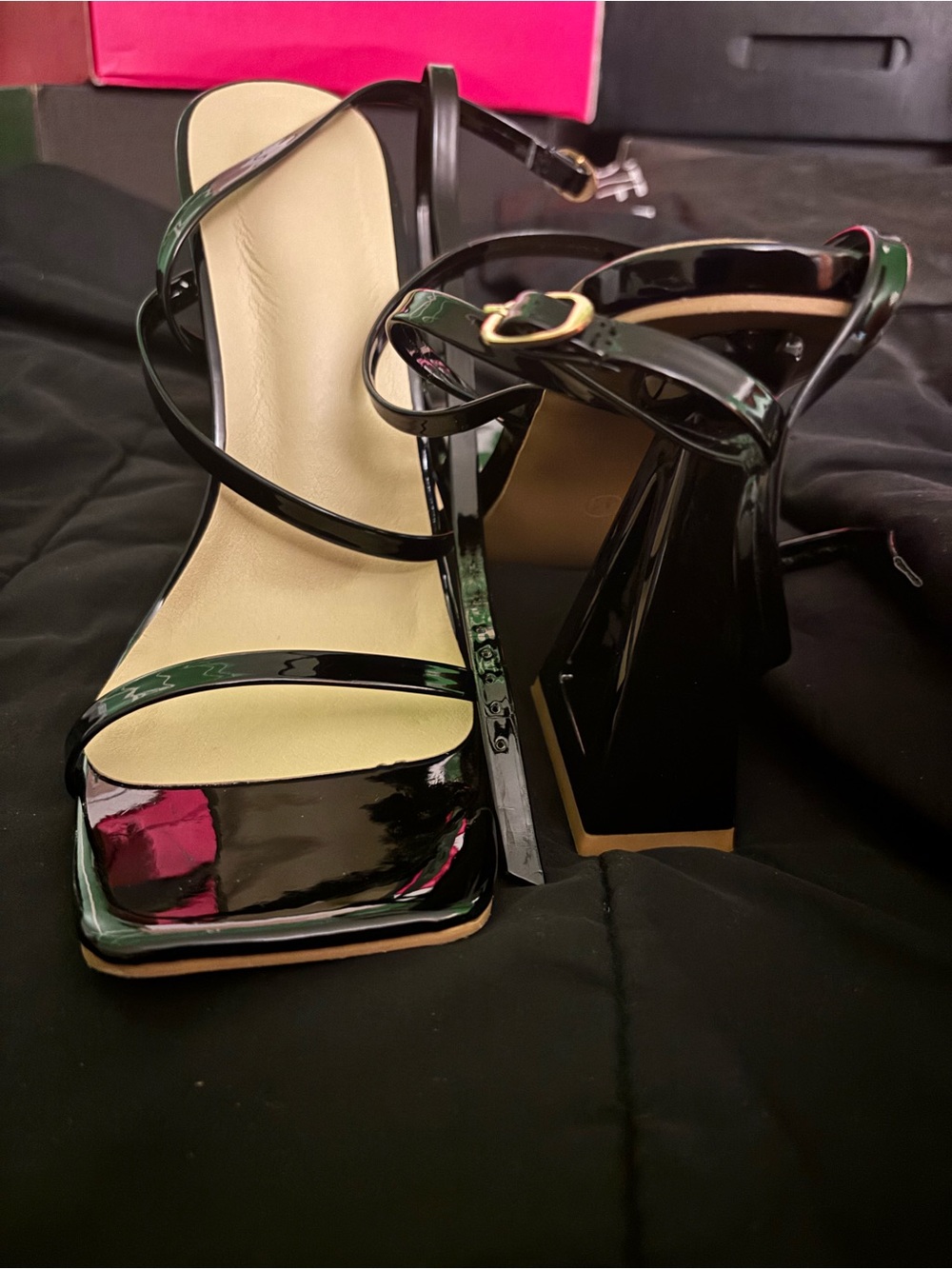 Black Patent Strappy Block Heel Sandals - Women's
